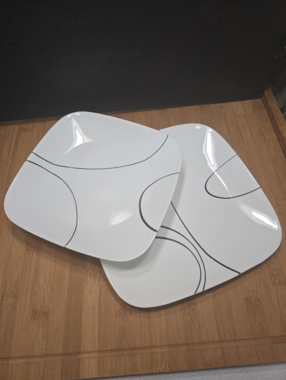 Lot Of 2 Corelle Square Simple Lines 9"-10" Square Dinner Plate Black and White